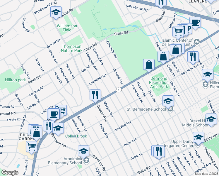 map of restaurants, bars, coffee shops, grocery stores, and more near 5 Lexington Avenue in Havertown