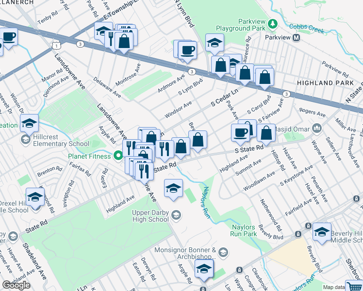 map of restaurants, bars, coffee shops, grocery stores, and more near 7911 Arlington Avenue in Upper Darby