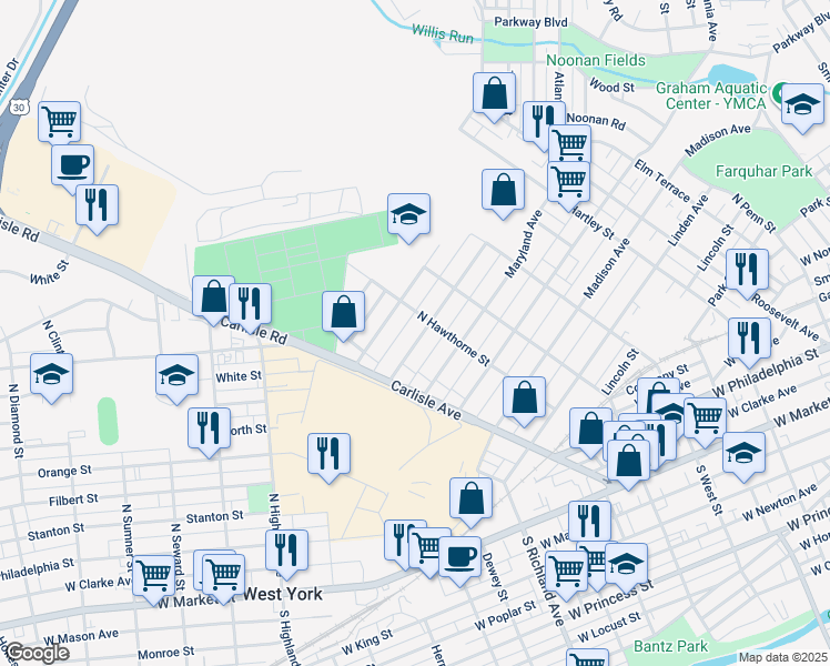 map of restaurants, bars, coffee shops, grocery stores, and more near 827 Florida Avenue in York