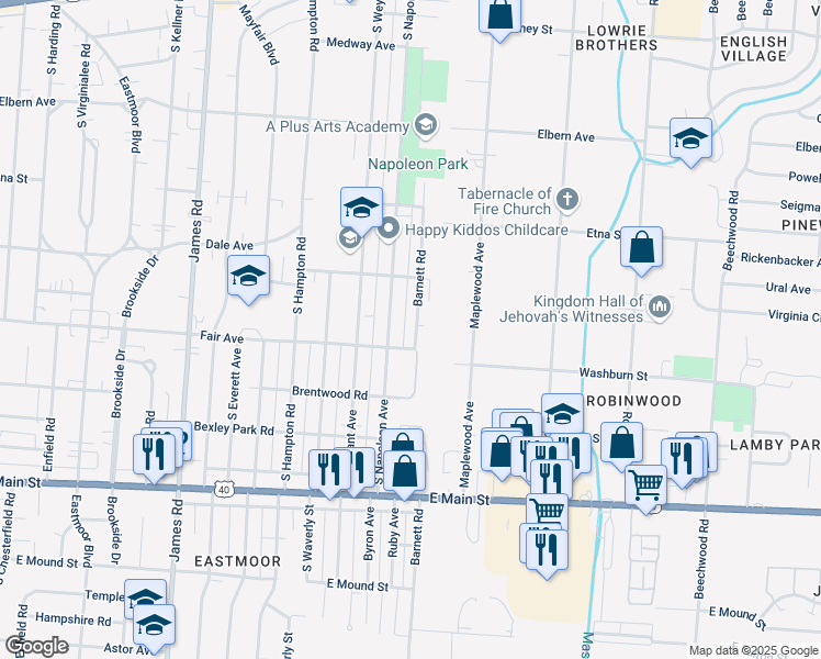 map of restaurants, bars, coffee shops, grocery stores, and more near 526 South Napoleon Avenue in Columbus