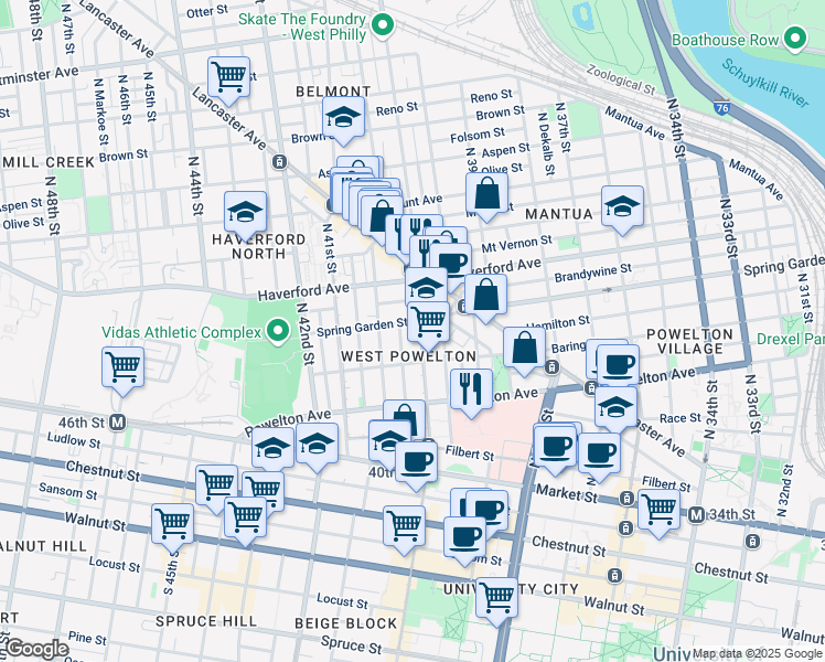 map of restaurants, bars, coffee shops, grocery stores, and more near 426 North 40th Street in Philadelphia