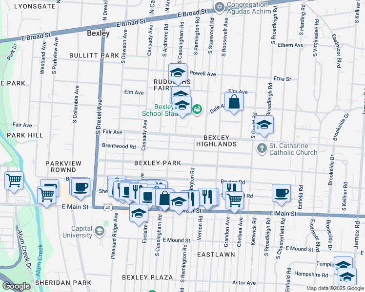 map of restaurants, bars, coffee shops, grocery stores, and more near 2580 Brentwood Road in Columbus