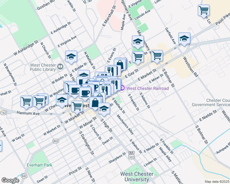 map of restaurants, bars, coffee shops, grocery stores, and more near 213 East Market Street in West Chester