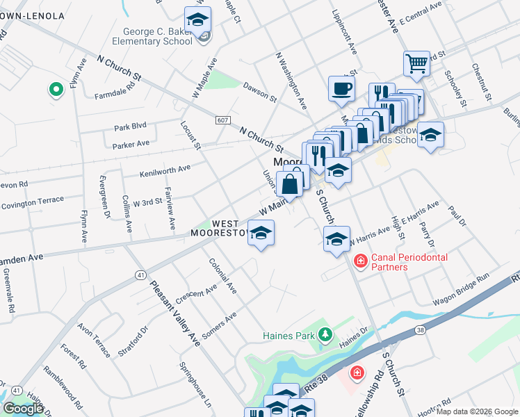 map of restaurants, bars, coffee shops, grocery stores, and more near 271 West Main Street in Moorestown