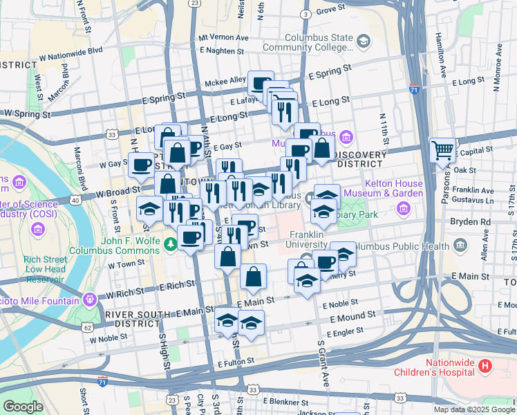map of restaurants, bars, coffee shops, grocery stores, and more near 238 East State Street in Columbus