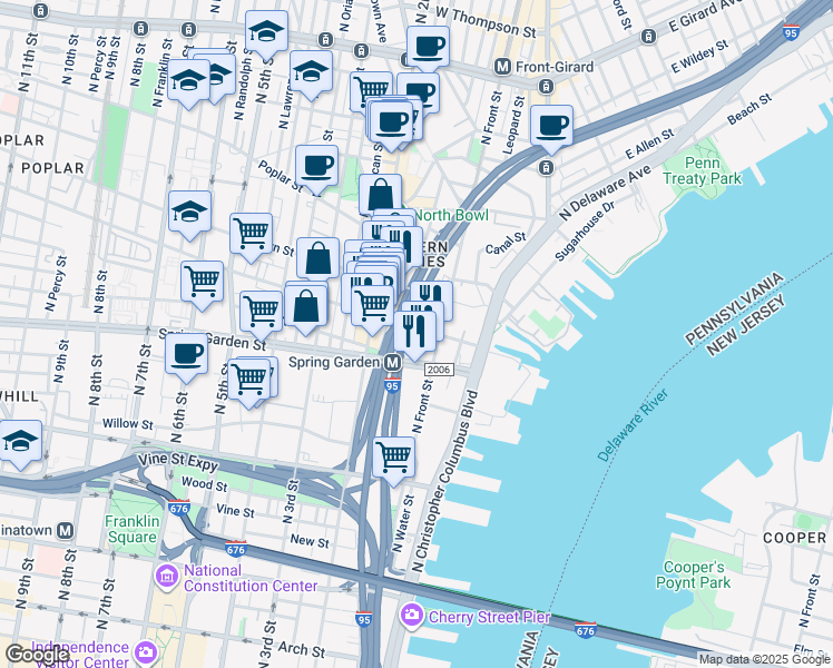 map of restaurants, bars, coffee shops, grocery stores, and more near 116 Fairmount Avenue in Philadelphia