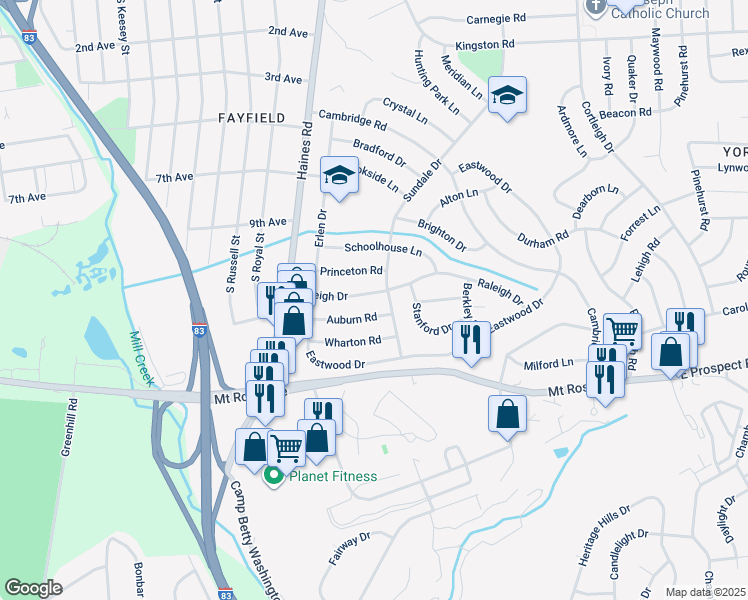 map of restaurants, bars, coffee shops, grocery stores, and more near 2470 Raleigh Drive in East York