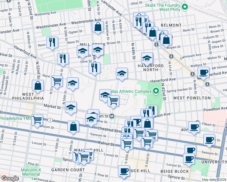 map of restaurants, bars, coffee shops, grocery stores, and more near 64 North 46th Street in Philadelphia