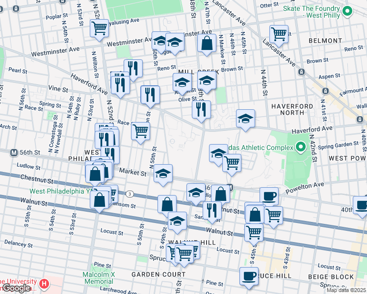 map of restaurants, bars, coffee shops, grocery stores, and more near 4865 Market Street in Philadelphia