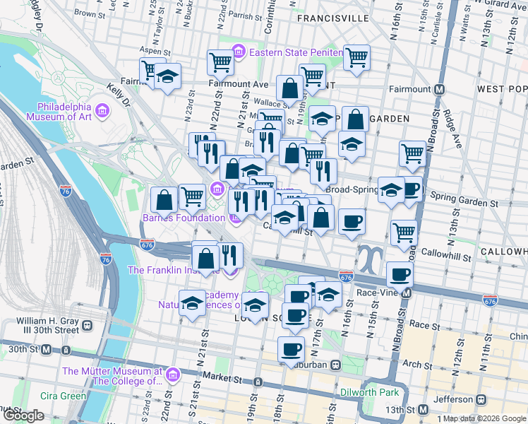 map of restaurants, bars, coffee shops, grocery stores, and more near 411 North 20th Street in Philadelphia
