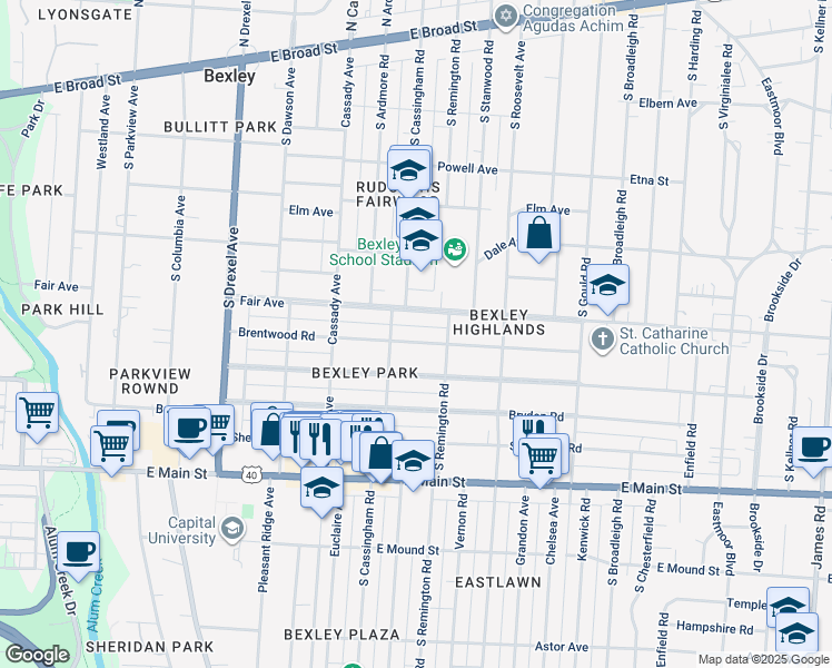 map of restaurants, bars, coffee shops, grocery stores, and more near 2580 Brentwood Road in Columbus