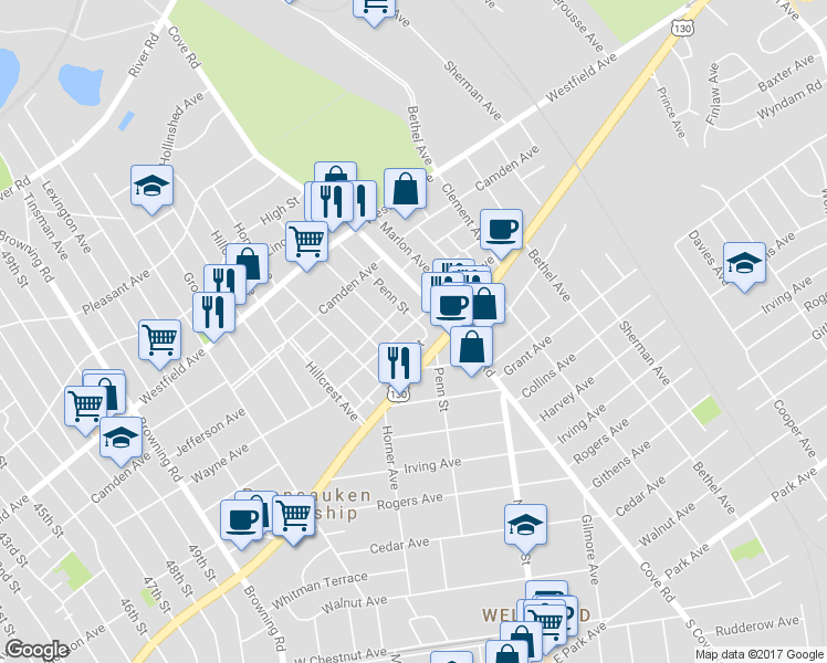map of restaurants, bars, coffee shops, grocery stores, and more near 6214 Wayne Avenue in Pennsauken Township