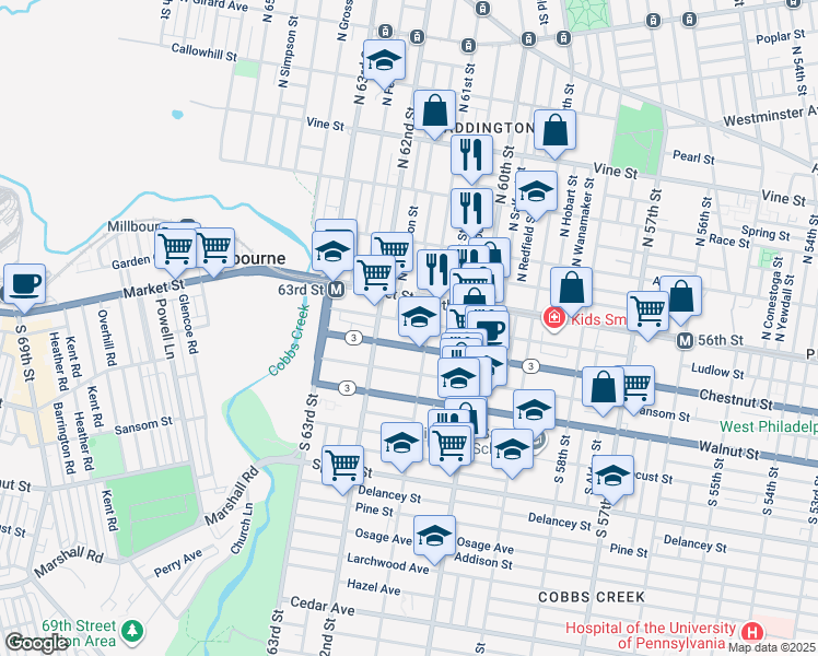map of restaurants, bars, coffee shops, grocery stores, and more near 6122 Ludlow Street in Philadelphia