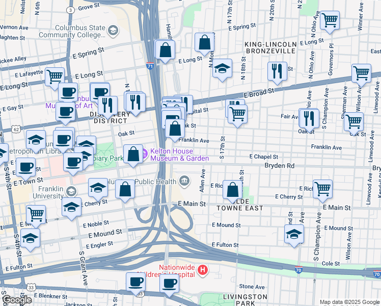 map of restaurants, bars, coffee shops, grocery stores, and more near 139 South Garfield Avenue in Columbus