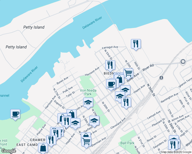 map of restaurants, bars, coffee shops, grocery stores, and more near 1161 North 31st Street in Camden