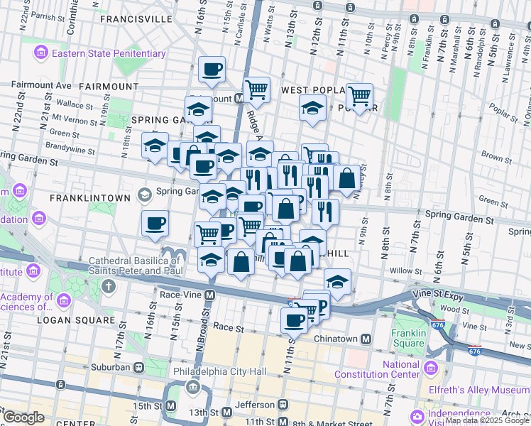 map of restaurants, bars, coffee shops, grocery stores, and more near 1241 Buttonwood Street in Philadelphia