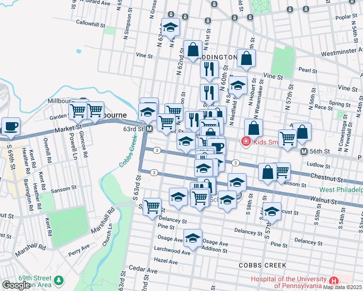 map of restaurants, bars, coffee shops, grocery stores, and more near 6122 Ludlow Street in Philadelphia