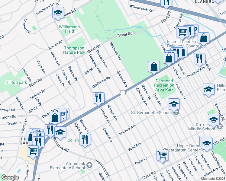map of restaurants, bars, coffee shops, grocery stores, and more near 5 Lexington Avenue in Havertown