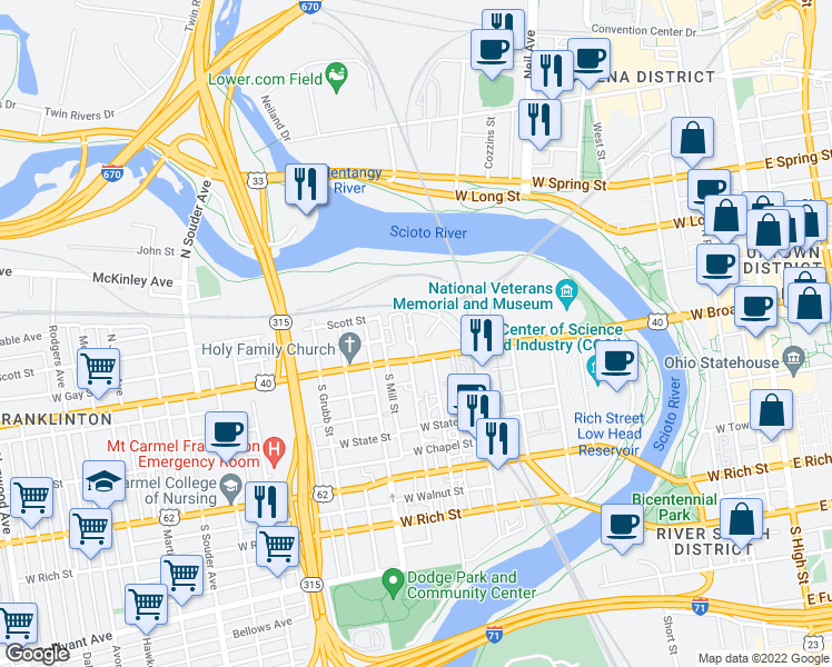 map of restaurants, bars, coffee shops, grocery stores, and more near 2250 North May Avenue in Columbus