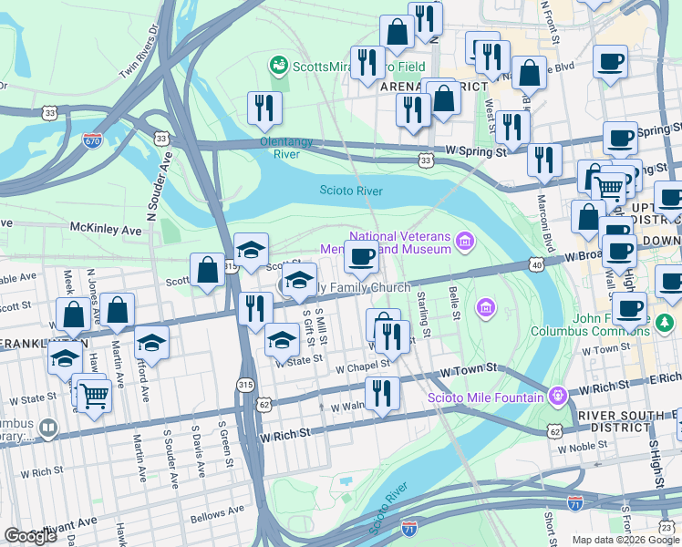 map of restaurants, bars, coffee shops, grocery stores, and more near 480 West Broad Street in Columbus