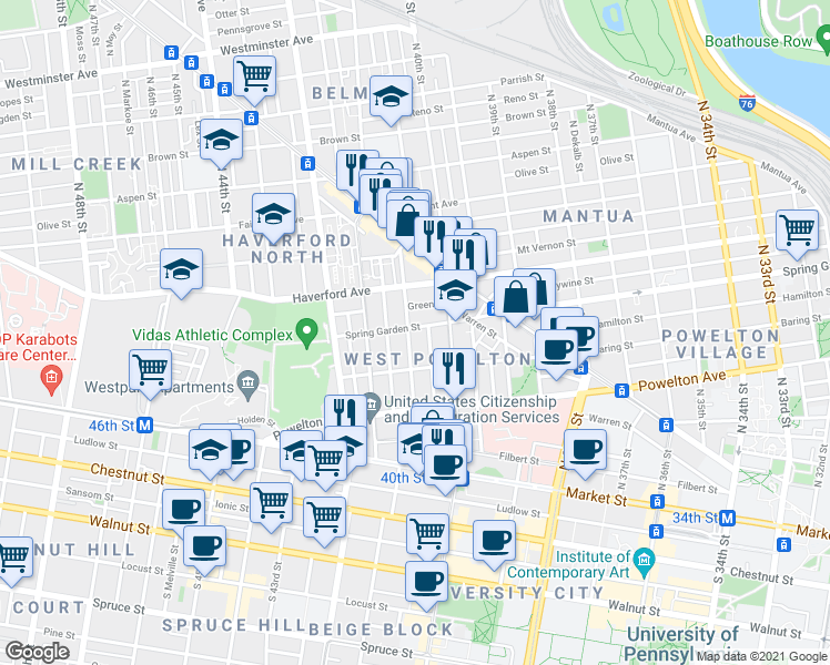 map of restaurants, bars, coffee shops, grocery stores, and more near 4032 Spring Garden Street in Philadelphia