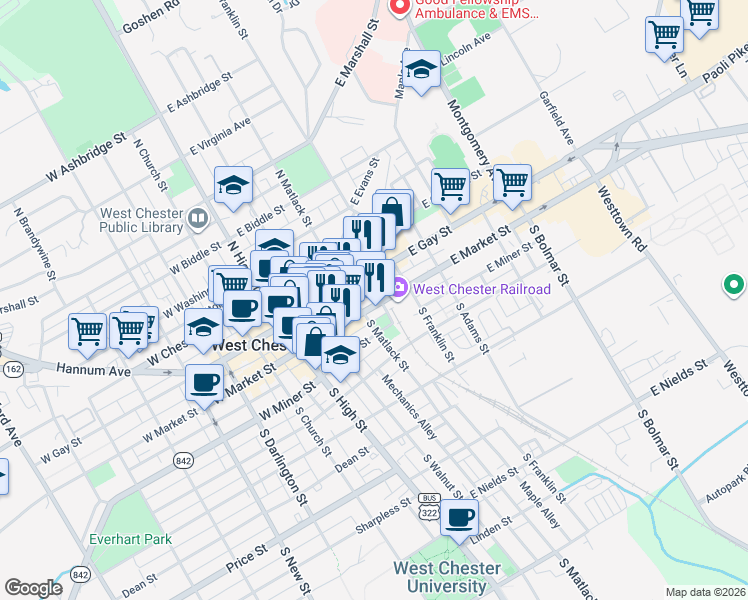 map of restaurants, bars, coffee shops, grocery stores, and more near 217 East Market Street in West Chester