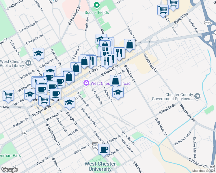 map of restaurants, bars, coffee shops, grocery stores, and more near 413 East Barnard Street in West Chester