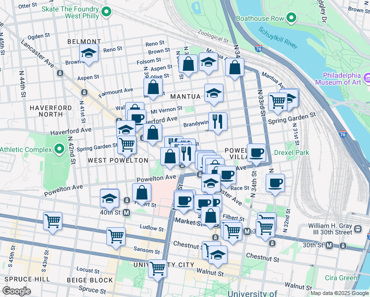 map of restaurants, bars, coffee shops, grocery stores, and more near 3728 Hamilton Street in Philadelphia