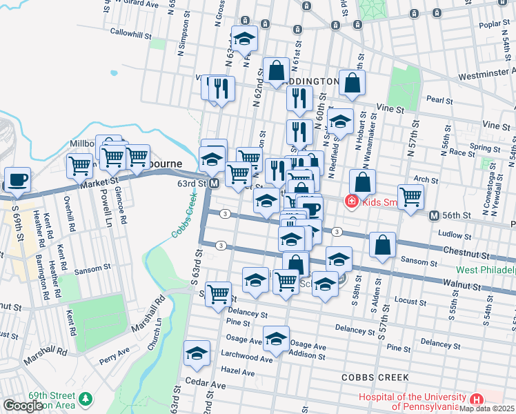 map of restaurants, bars, coffee shops, grocery stores, and more near 6126 Ludlow Street in Philadelphia