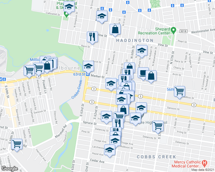 map of restaurants, bars, coffee shops, grocery stores, and more near 6126 Ludlow Street in Philadelphia