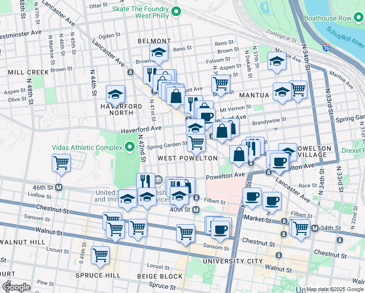 map of restaurants, bars, coffee shops, grocery stores, and more near 4018 Spring Garden Street in Philadelphia