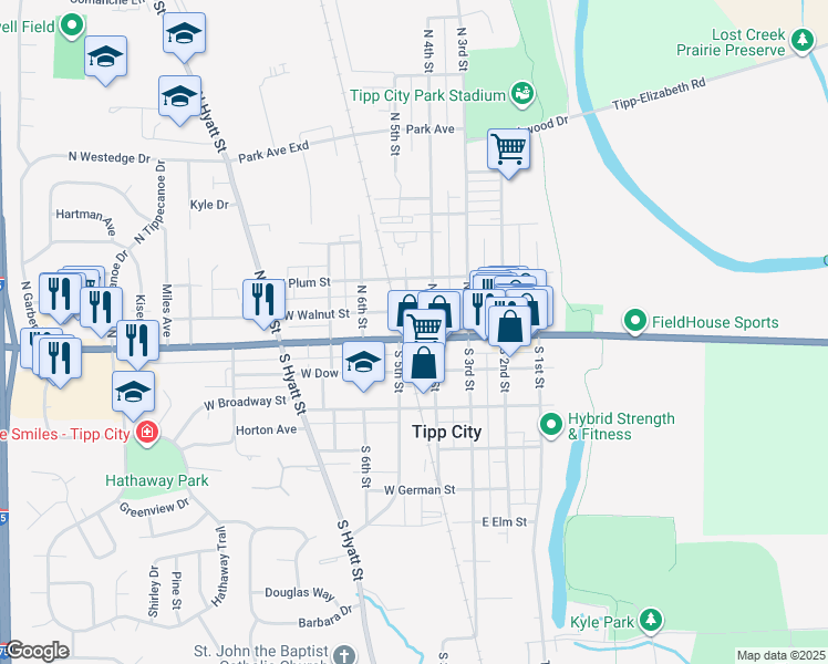 map of restaurants, bars, coffee shops, grocery stores, and more near 121 West Main Street in Tipp City