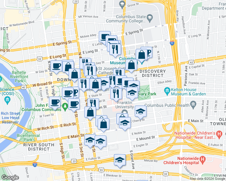 map of restaurants, bars, coffee shops, grocery stores, and more near 80 South 6th Street in Columbus