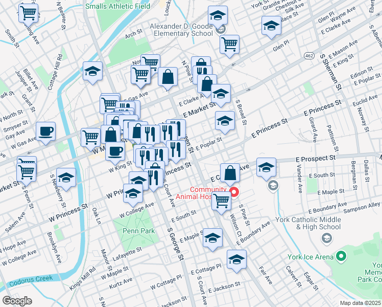 map of restaurants, bars, coffee shops, grocery stores, and more near 138 South Queen Street in York