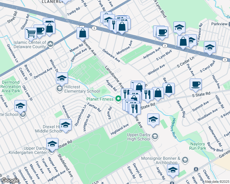 map of restaurants, bars, coffee shops, grocery stores, and more near 910 Argyle Road in Drexel Hill