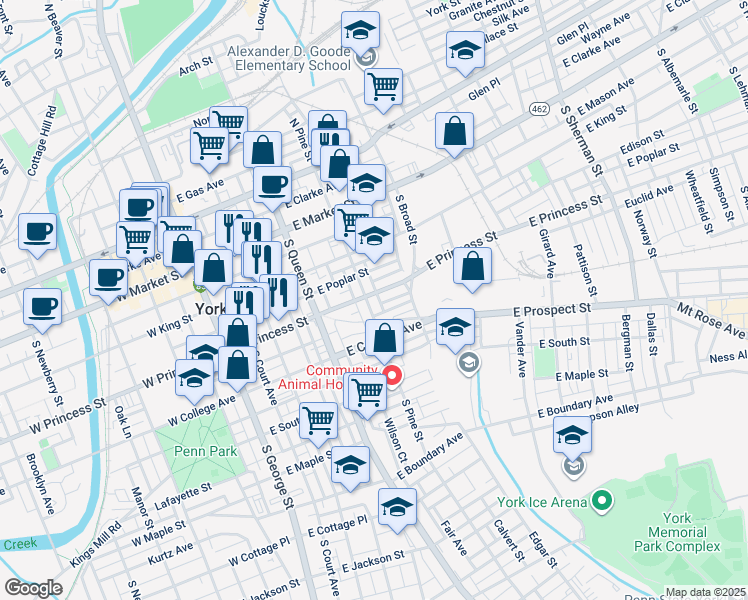 map of restaurants, bars, coffee shops, grocery stores, and more near 205 South Pine Street in York