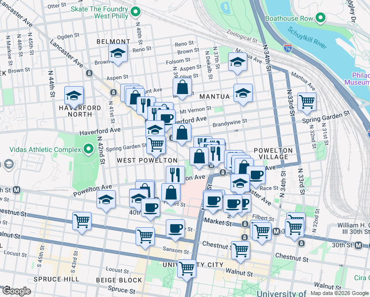 map of restaurants, bars, coffee shops, grocery stores, and more near in Philadelphia
