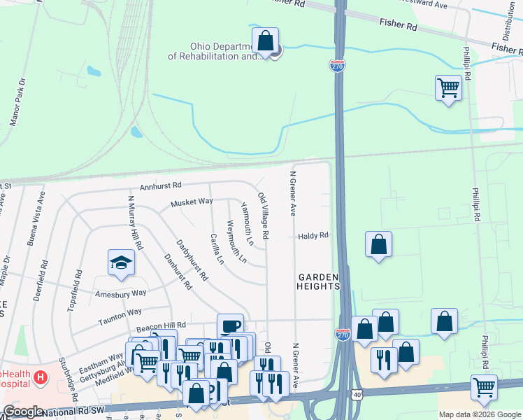 map of restaurants, bars, coffee shops, grocery stores, and more near 425 Old Village Road in Columbus
