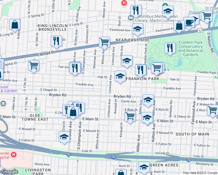 map of restaurants, bars, coffee shops, grocery stores, and more near 1301 Franklin Avenue in Columbus