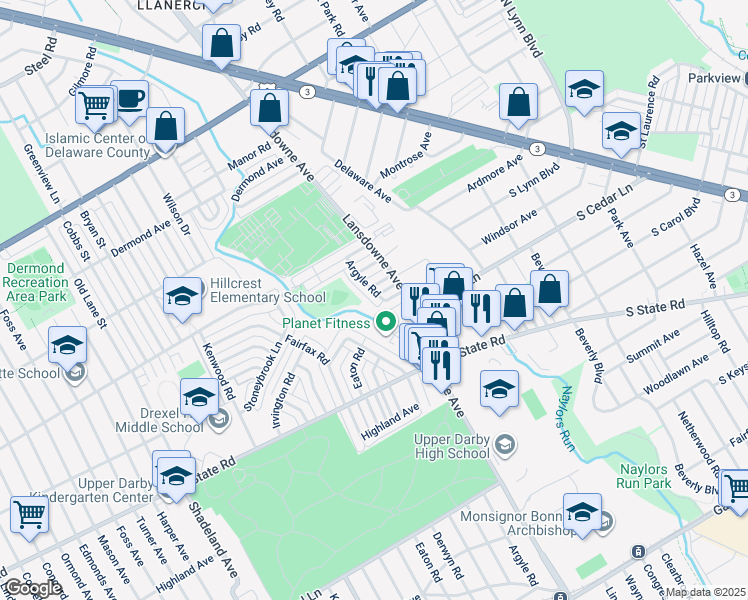 map of restaurants, bars, coffee shops, grocery stores, and more near 910 Argyle Road in Drexel Hill