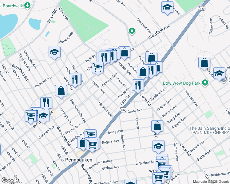 map of restaurants, bars, coffee shops, grocery stores, and more near 2266 Mulford Avenue in Pennsauken Township