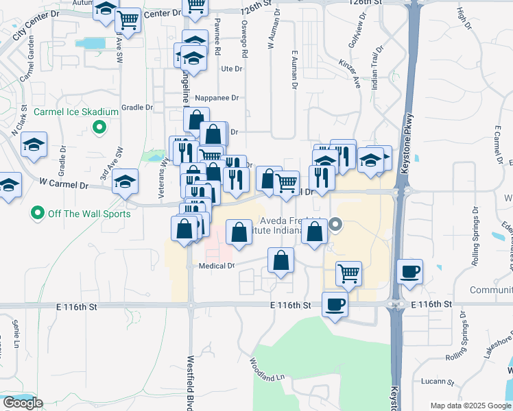 map of restaurants, bars, coffee shops, grocery stores, and more near 255 East Carmel Drive in Carmel