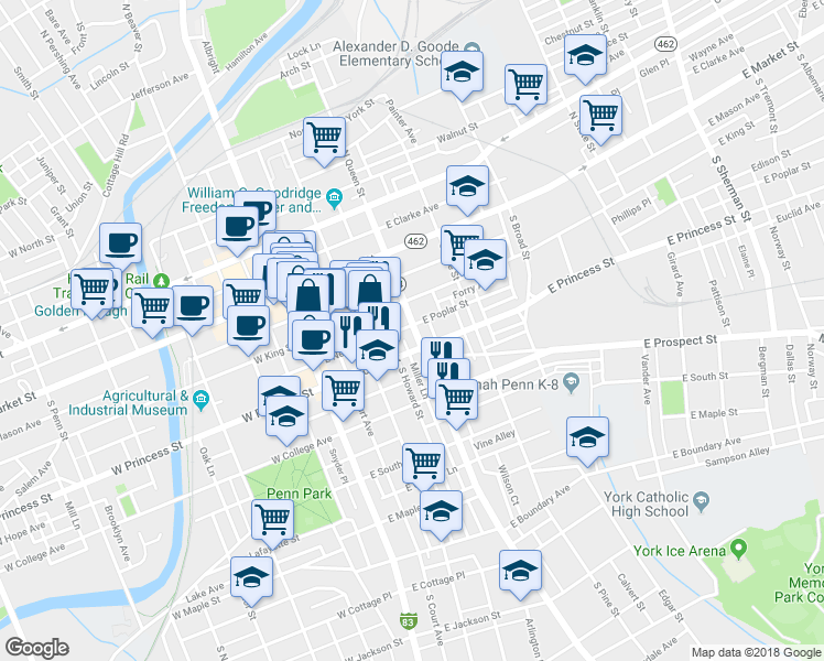 map of restaurants, bars, coffee shops, grocery stores, and more near 138 Pennsylvania 74 in York