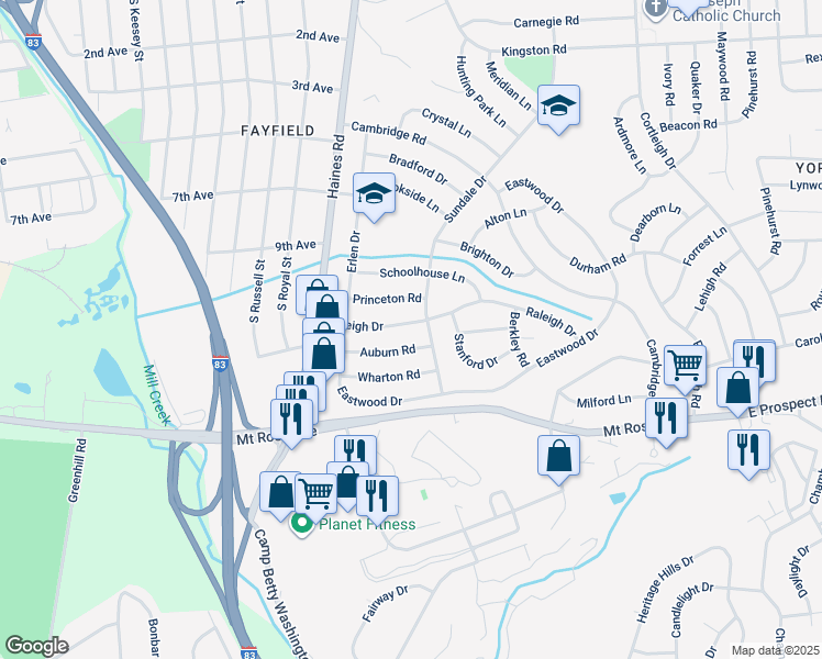 map of restaurants, bars, coffee shops, grocery stores, and more near 2470 Raleigh Drive in East York
