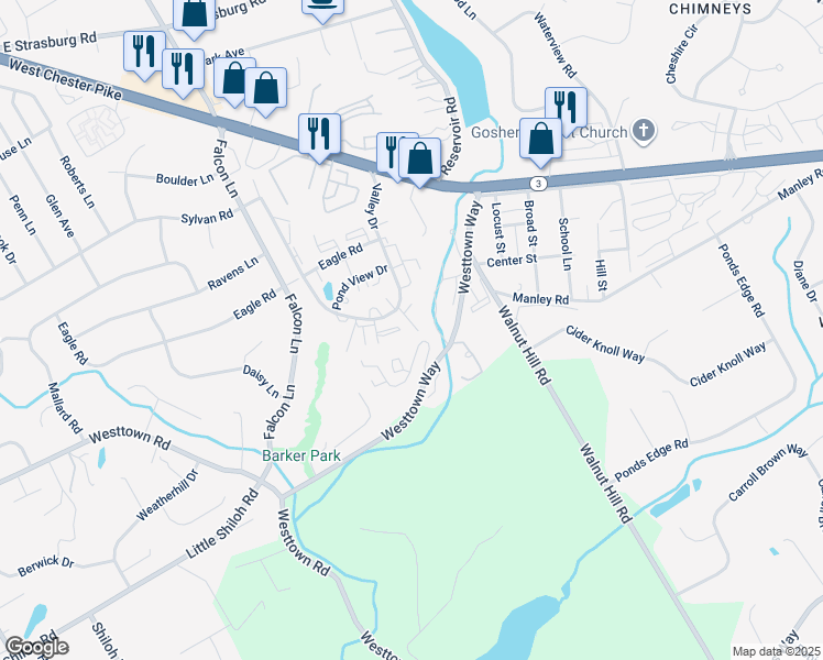 map of restaurants, bars, coffee shops, grocery stores, and more near 1316 Valley Drive in West Chester