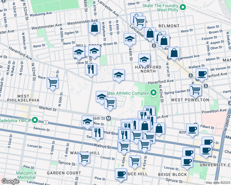 map of restaurants, bars, coffee shops, grocery stores, and more near 91 North 46th Street in Philadelphia