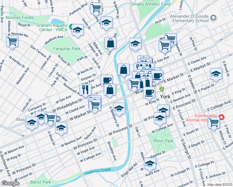 map of restaurants, bars, coffee shops, grocery stores, and more near 234 West Clarke Avenue in York