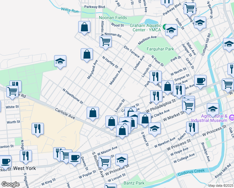 map of restaurants, bars, coffee shops, grocery stores, and more near Linden Avenue in York