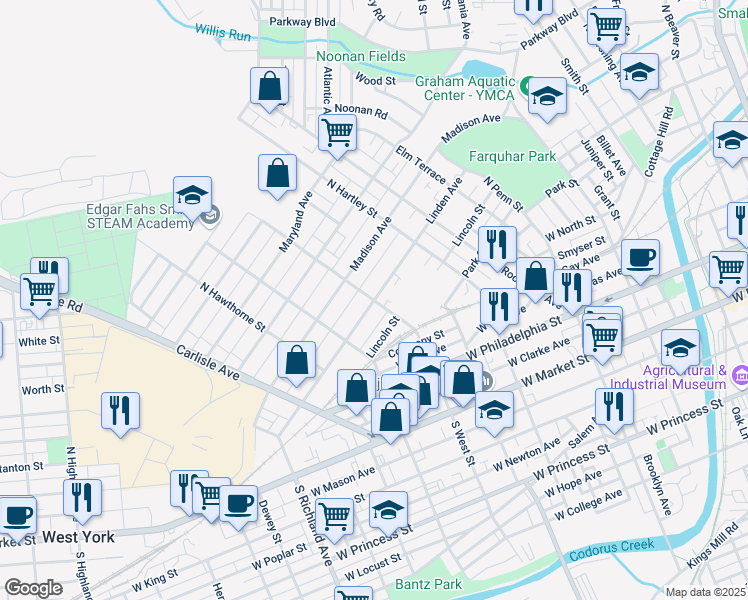 map of restaurants, bars, coffee shops, grocery stores, and more near Linden Avenue in York