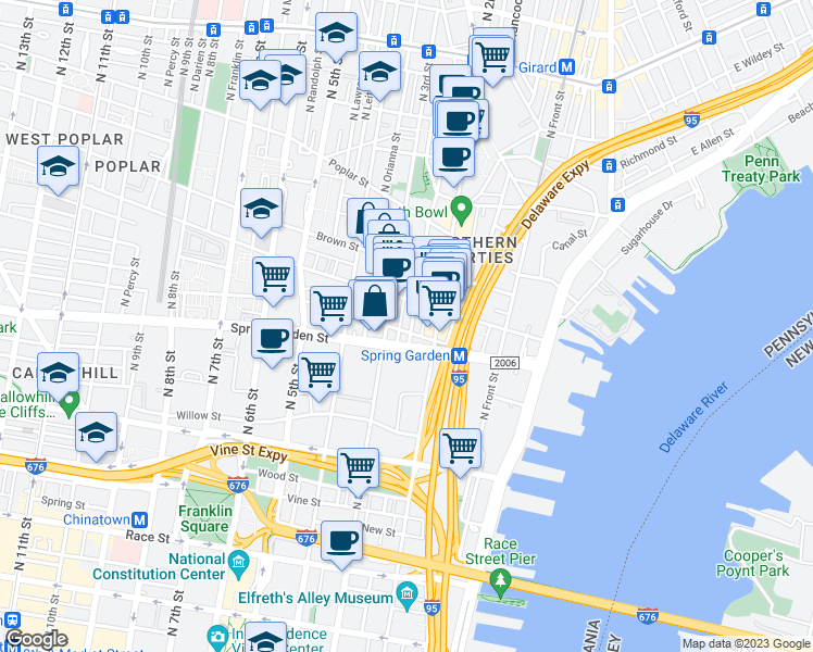 map of restaurants, bars, coffee shops, grocery stores, and more near 604 North American Street in Philadelphia